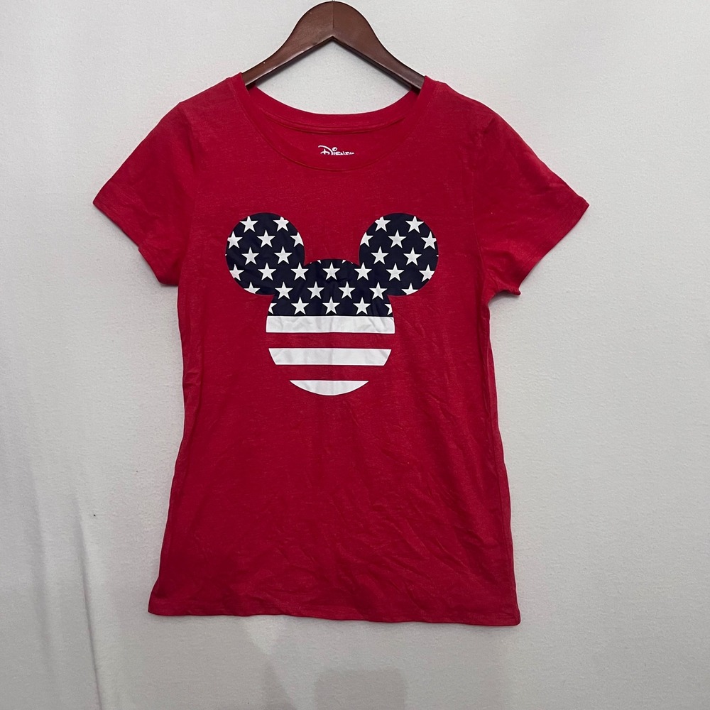 Disney Mickey Mouse American Flag Graphic T-Shirt Red Patriotic Women Small